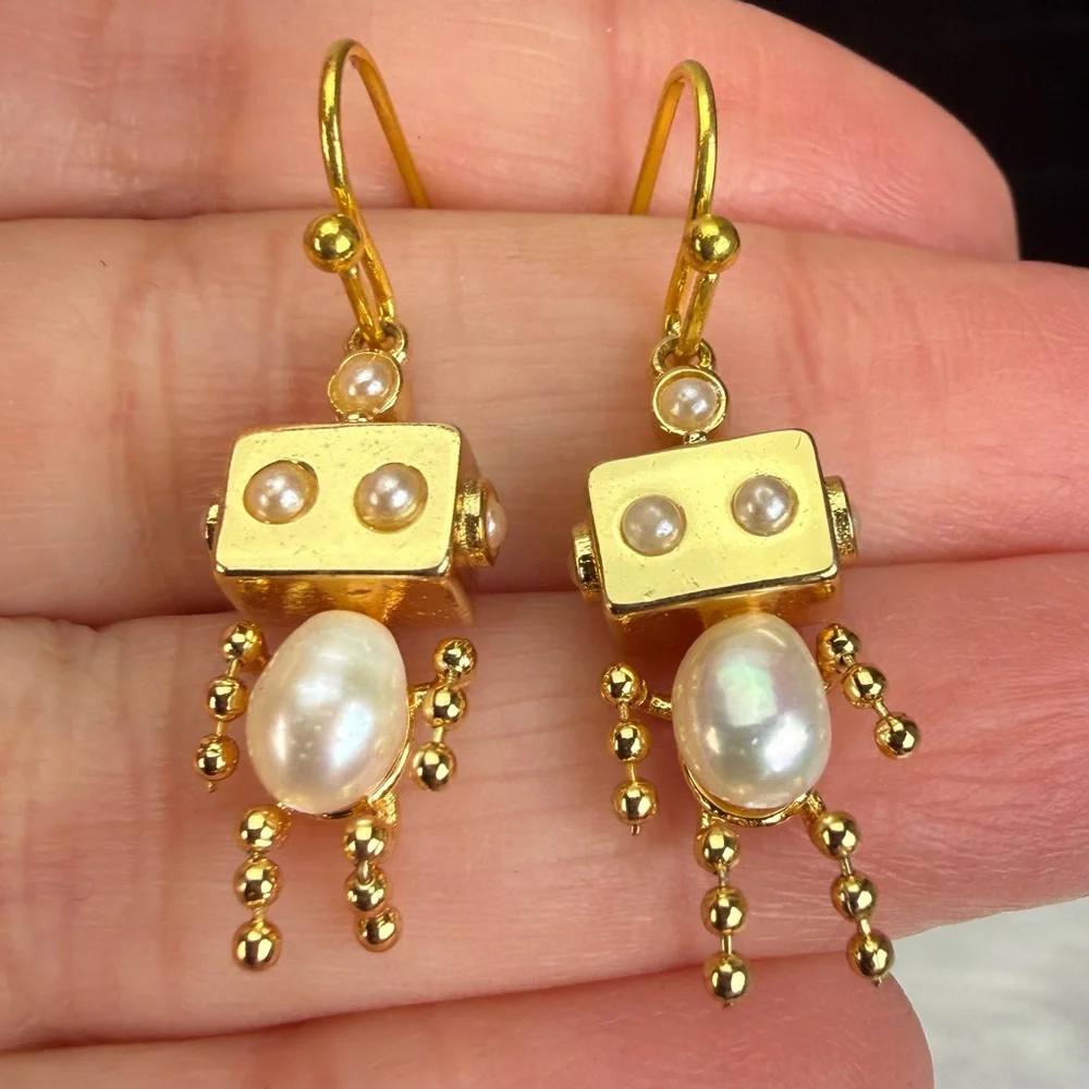 Goldtone Faux Pearl Robot Pierced Earrings